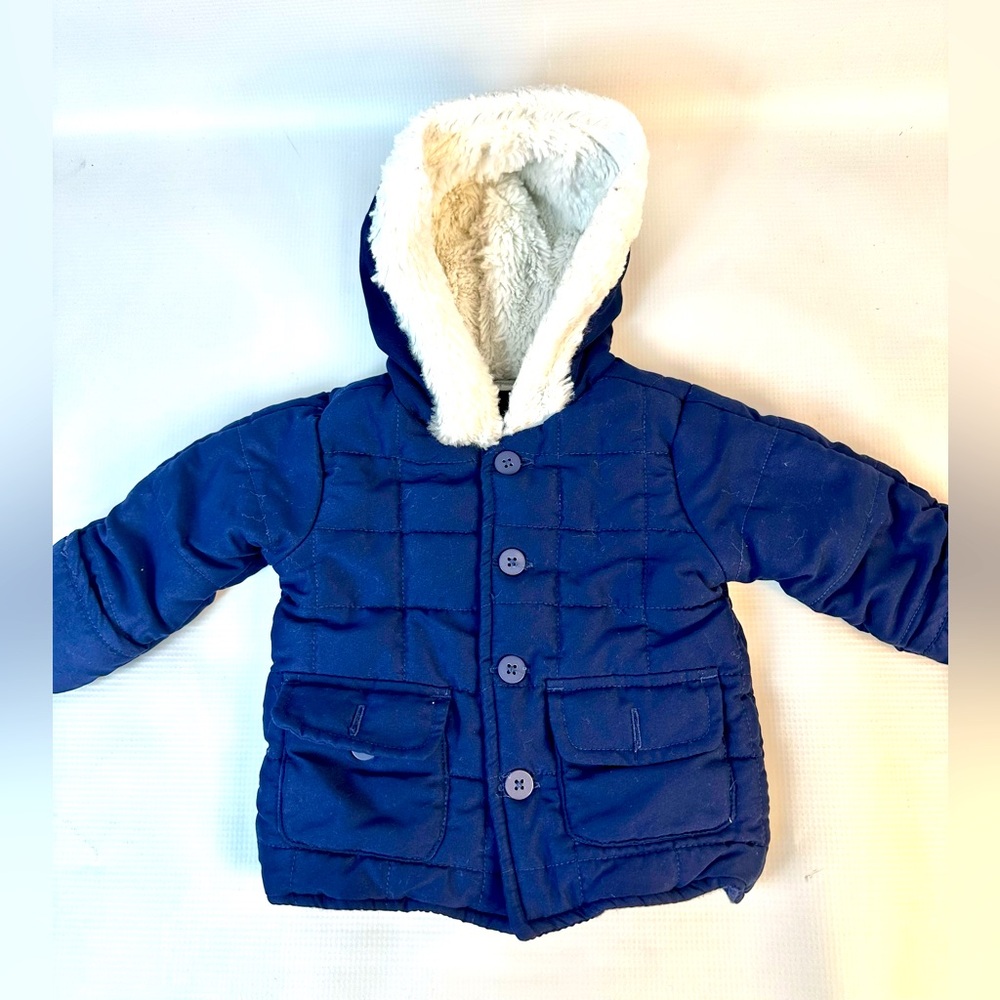 Blue Baby Winter Jacket 0-3 months Faux Fur Trim